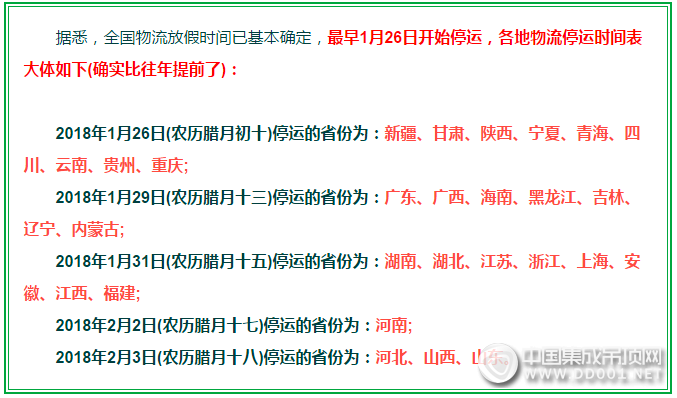 克蘭斯溫馨提示：臨近春節(jié)，今年20多個地區(qū)物流停運提前！